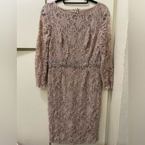 Jackie Jon Size 10 Taupe Floral Lace Glittery Rhinestone 3/4 Sleeve Lined Dress